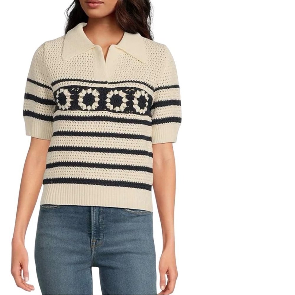 NWT | CROCHET STRIPED SPLIT V-NECK COLLARED TOP NAVY BLUE & OFF WHITE | XS - Picture 12 of 12